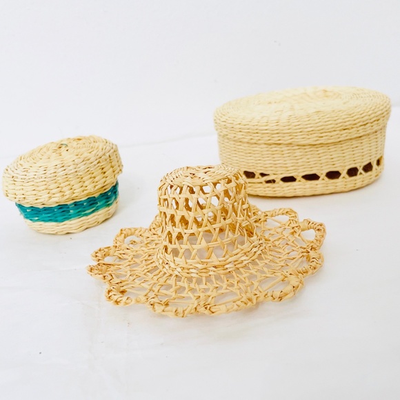 NEW Hand Made Woven South American Trinket Basket Boxes w/ Lids & Doll Hat - Picture 1 of 8